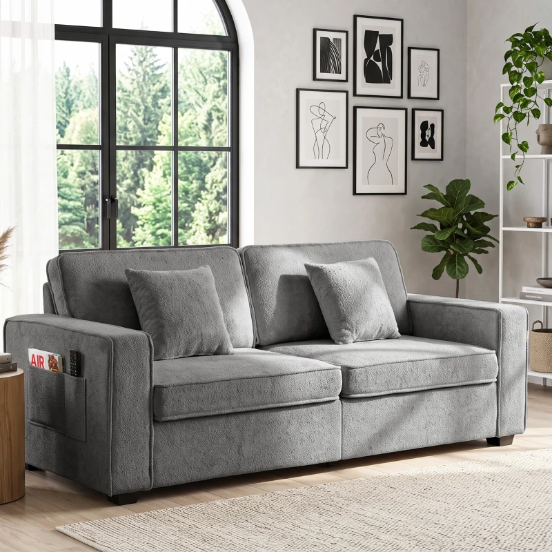 HOMCOM Sofá de 3 Plazas Tapizado en Chenilla con Bolsillos 2 Almohadas Reposabrazos Cojín de Muelles 210x78,5x86,5 cm Gris