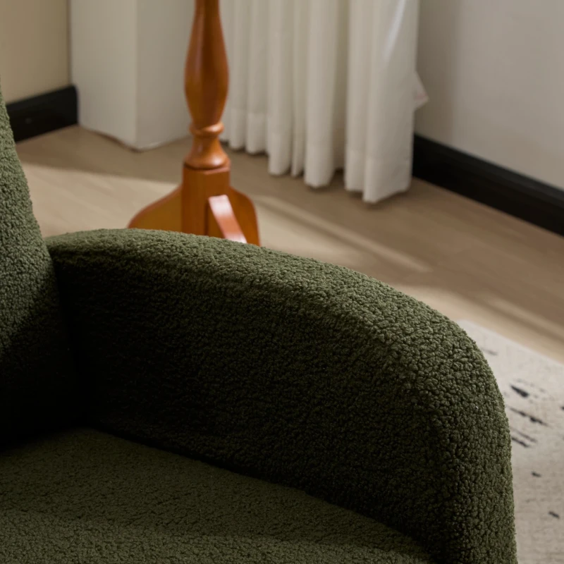 Fauteuil à bascule d’allaitement en tissu teddy, dossier haut ergonomique, base incurvée en bois et poche latérale, Vert