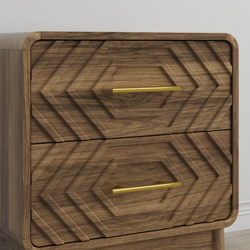 Nachttisch mit zwei Schubladen, geometrischem 3D-Relief, abgerundeten Kanten, 48x38x56 cm, Walnussbraun