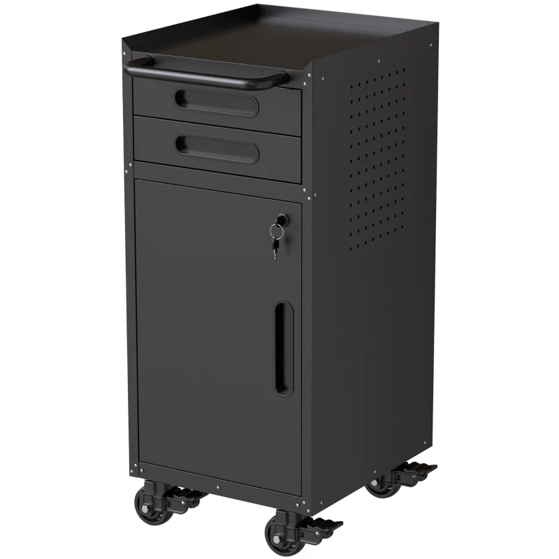 Armoire à outils mobile étroite en métal, porte verrouillable, 2 tiroirs et roulettes pivotantes, Noir