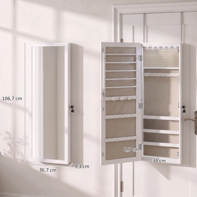 HOMCOM Armário para Joias de Parede com Luz LED, Espelho de Corpo Inteiro e Fechadura, Branco