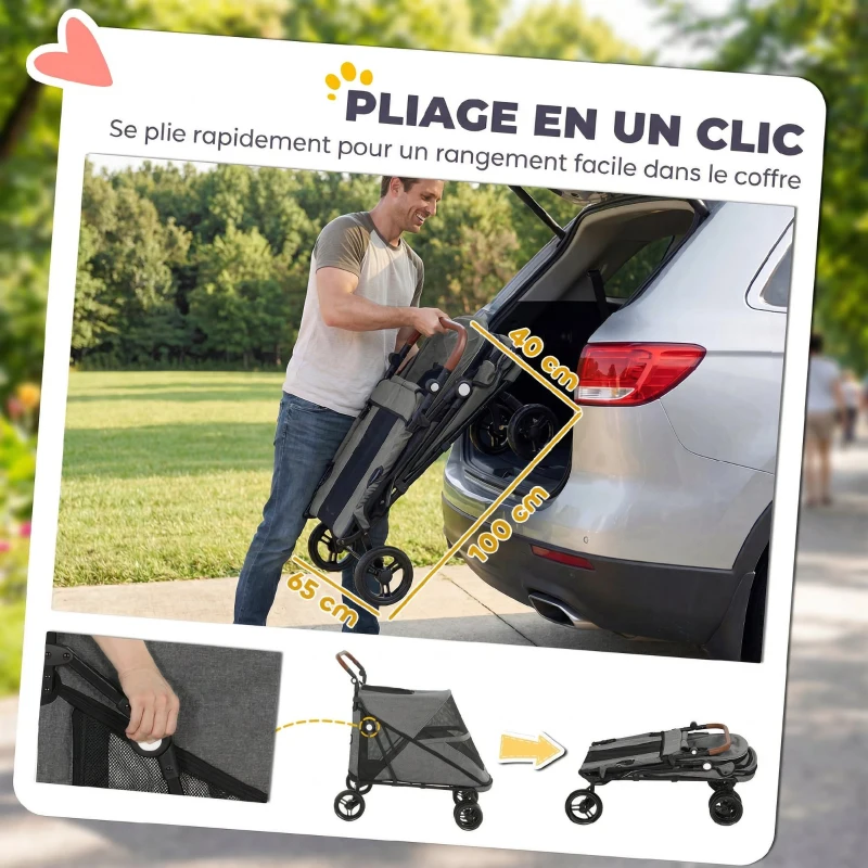 PawHut Poussette pour Chien Pliage 1 Main Suspension Ressort Tout Terrain Double Roues Avant 100x64,5x108cm Gris