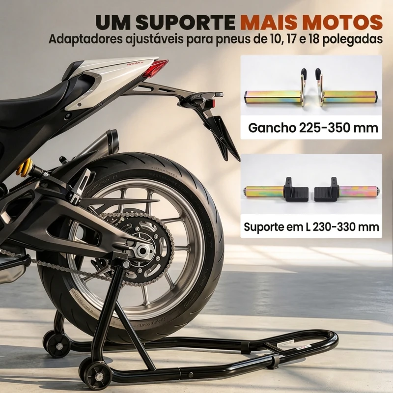 HOMCOM Cavalete para Mota Suporte Traseiro Universal de Aço com Suportes em U e L para Roda 10" 17" 18" Carga 200 kg Preto