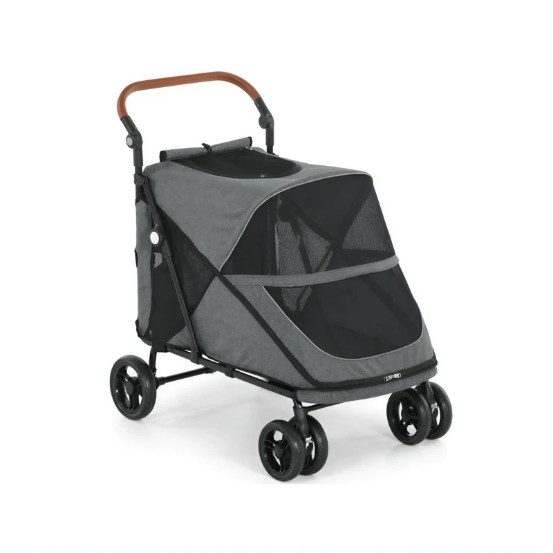 PawHut Poussette pour Chien Pliage 1 Main Suspension Ressort Tout Terrain Double Roues Avant 100x64,5x108cm Gris