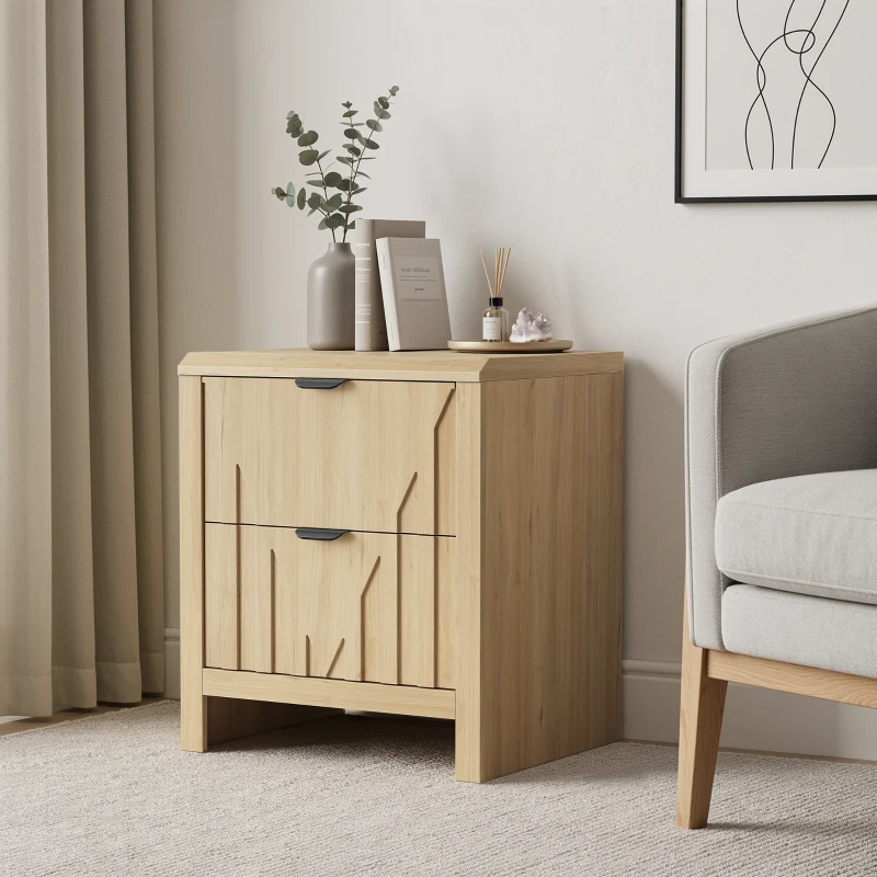 Nachttisch in Eichenoptik mit Schublade, 3D-Riffelung und Metallgriffen, Mid-Century-Modern-Stil, Eiche
