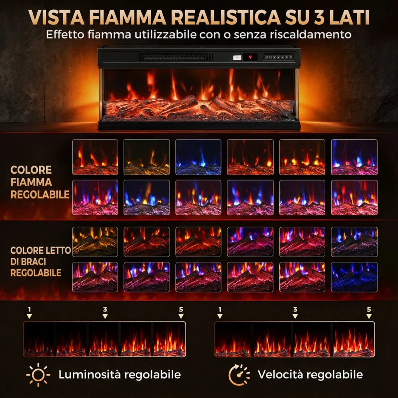 HOMCOM Camino Elettrico da Terra e Incasso a 3 Lati, 900/1800W, 12 Colori Fiamma 3D,  117 cm, Bianco