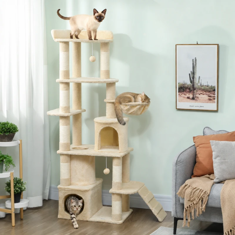 PawHut 170 cm Large Cat Tree, Cat Tower with 7 Scratching Posts, Tunnel, 2 Condos, Hammock, Perch, Ramp, Pompoms, Beige