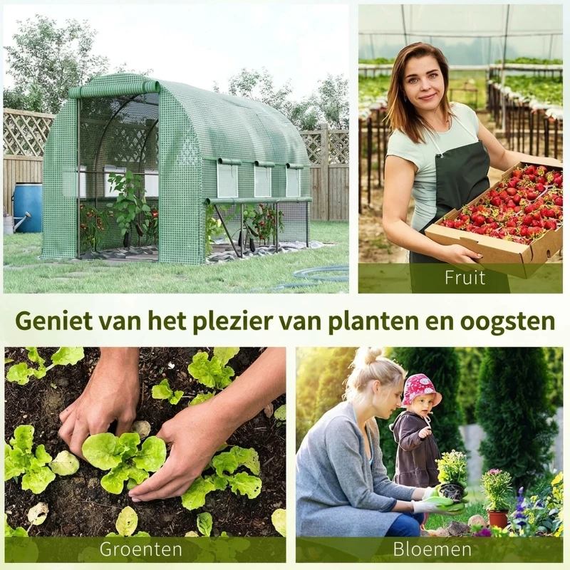 Outsunny foliekas 3 x 2 x 2 m tunnel inloopkas kas plantenhuisfolie tent 6 ramen UV-bescherming groen