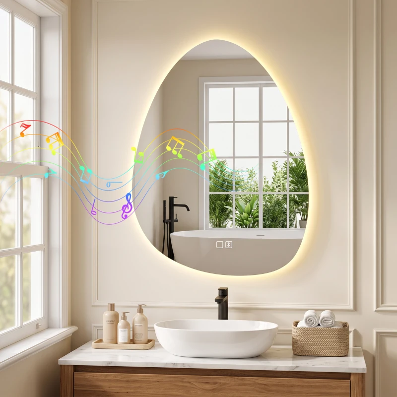 HOMCOM Oglindă de baie cu LED, 3 culori, 60x80 cm, neregulată, Bluetooth, antiaburire, touch