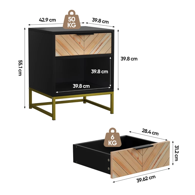 Nachttisch mit Schublade und offenem Fach, modernes Mid-Century-Design, MDF, 43x40x55 cm, Schwarz+Naturfarbe