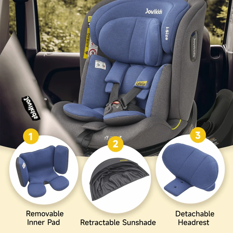 Kindersitz, 360° drehbar, ISOFIX, i-Size, ab Geburt bis 12 Jahre, mit Liegefunktion und abnehmbarem Verdeck, Blau