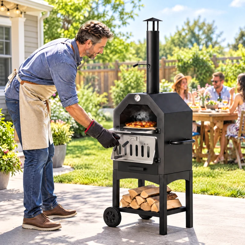Outsunny Four à Pizza extérieur au Charbon de Bois - Barbecue sur roulettes - Four à Bois - Pierre réfractaire - cheminée, jauge température - Acier INOX.Noir Gris