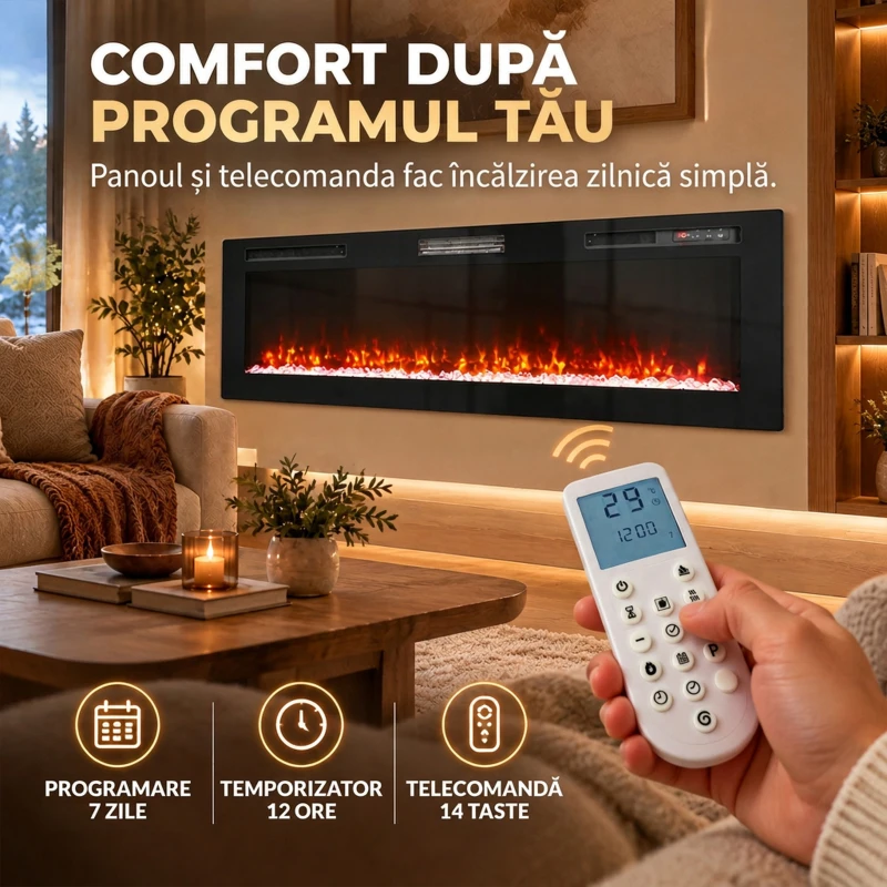 HOMCOM Șemineu electric 173 cm, 3 în 1, ultrasubțire 8,3 cm, cu telecomandă, 900/1800 W, timer, negru