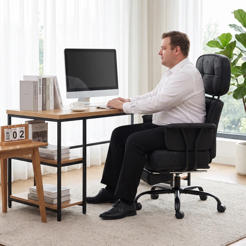 HOMCOM Office Chair, Big and Tall Desk Chair with Footrest, Wide Seat, Leathaire, Reclining Back, Swivel Wheels, Black