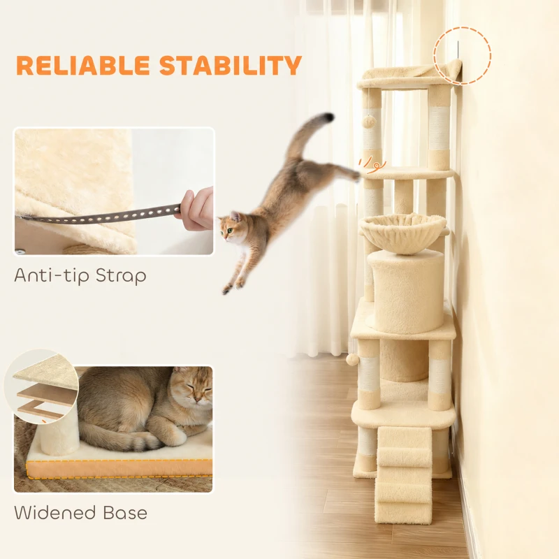 PawHut 170 cm Large Cat Tree, Cat Tower with 7 Scratching Posts, Tunnel, 2 Condos, Hammock, Perch, Ramp, Pompoms, Beige