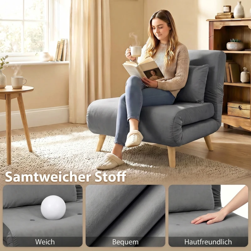 HOMCOM 3-w-1 fotel sypialny, rozkładany fotel z funkcją spania, regulowane oparcie Click-Clack, Szary