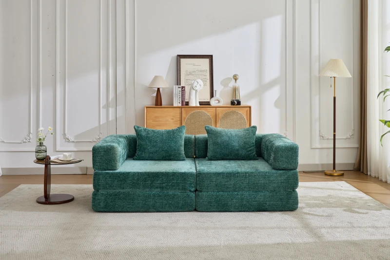 Wandelbares Bodenschlafsofa, modulares Design, Chenillebezug, ohne Montage, 200x100x63 cm, Dunkelgrün