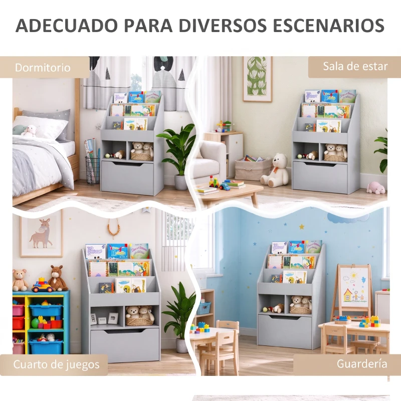 HOMCOM Estantería Infantil de Madera con 3 Compartimentos 2 Cubos y Cajón Móvil con 4 Ruedas 60x29,9x90 cm Gris