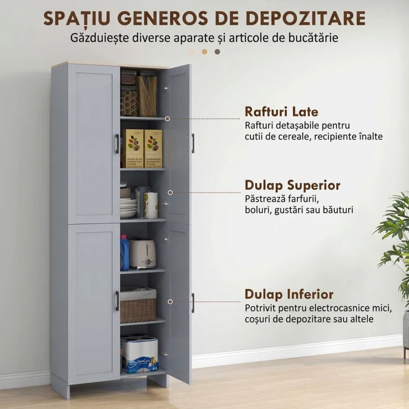 HOMCOM Dulap cămară de bucătărie din lemn cu 2 rafturi reglabile și 4 uși, 60x30x170,5 cm, gri