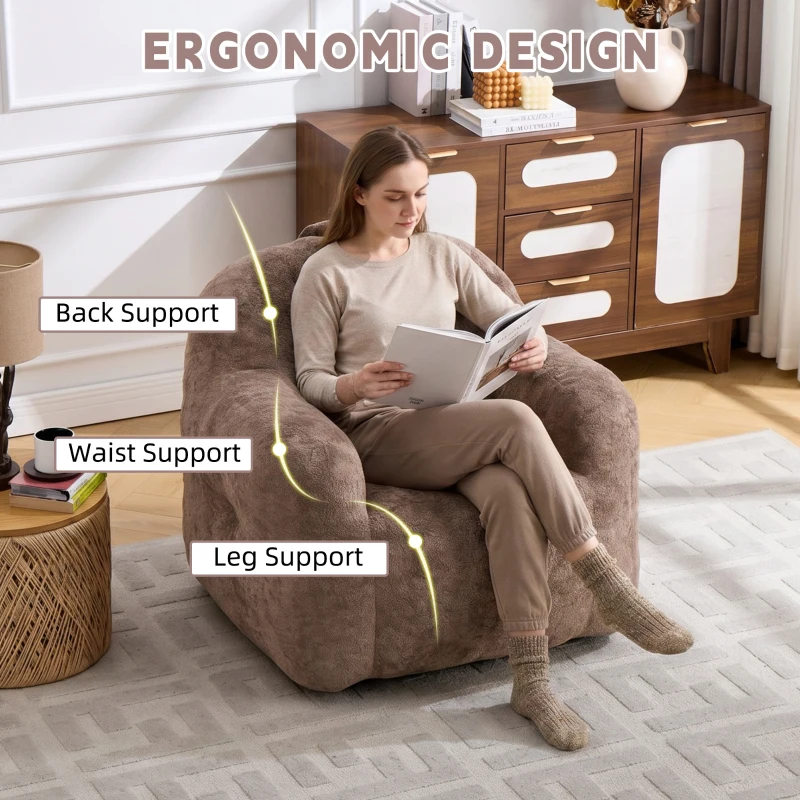 Sitzsack-Sessel mit Armlehnen, Kunstfellbezug, zerkleinerter Schaumstofffüllung, ergonomischer Rückenlehne, 95x95x79 cm, Khaki