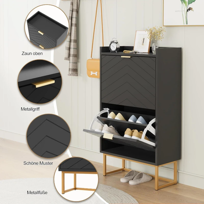 Schuhschrank mit 2 Klappen, schmaler Schuhkipper mit Kippschutz und verstellbaren Trennwänden, 50x24x103,5 cm, Schwarz