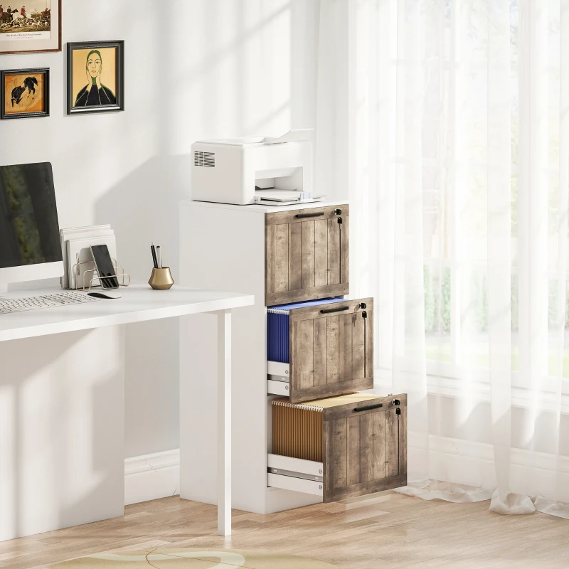 HOMCOM Gaveteiro de Secretária com 3 Gavetas, Fechadura e Chaves, Barras Suspensas para A4 e Carta, 39,4x40x98,7 cm, Branco e Madeira