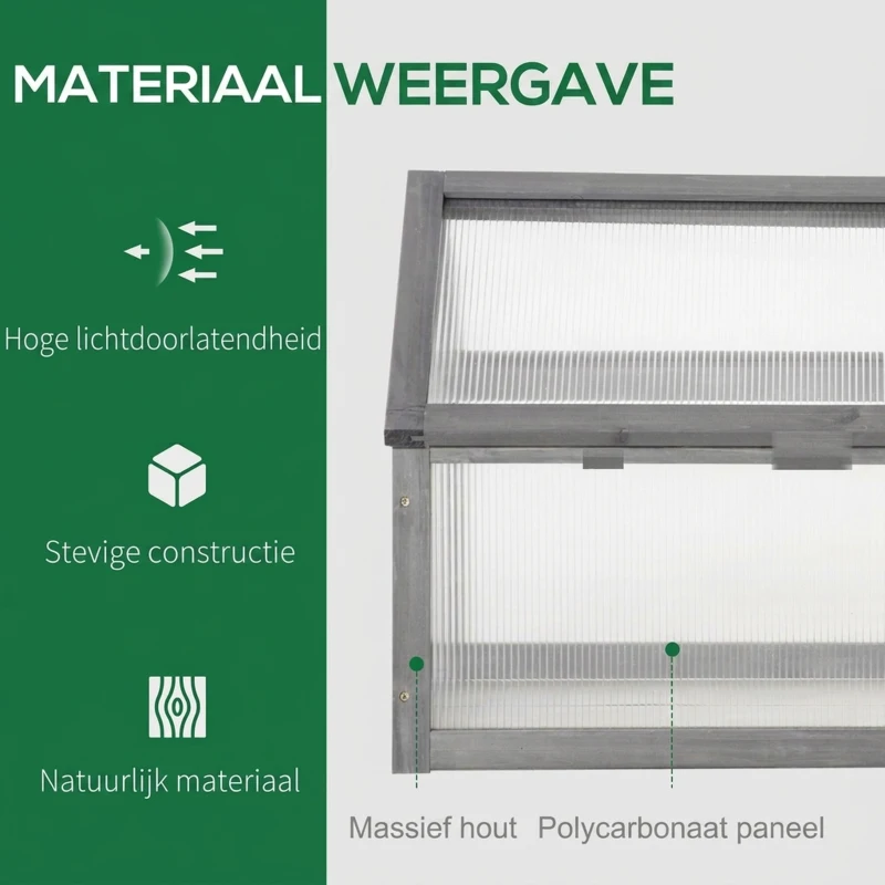 Outsunny Mini-broeikas, Compact plantenhuis van hout, Polycarbonaat panelen, Ventilatieopening, 90L x 52B x 49,5H cm, Grijs