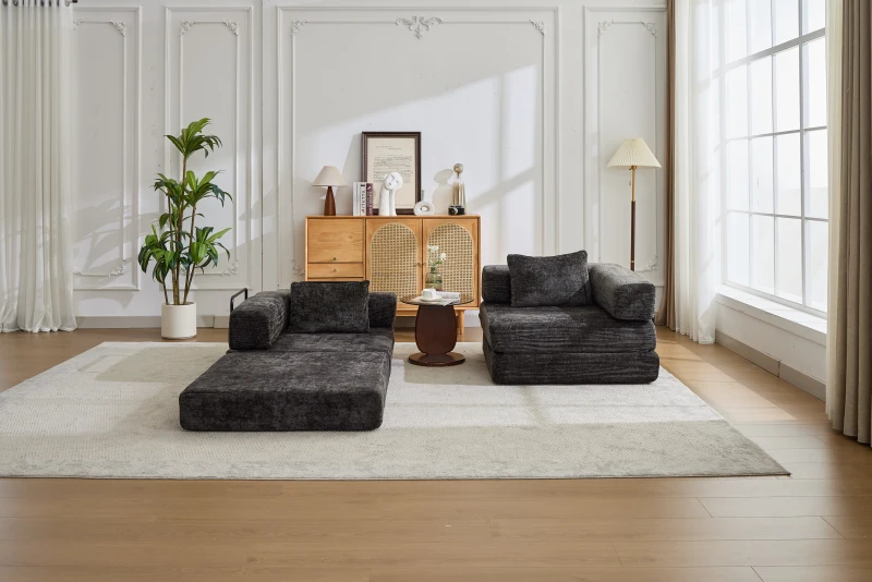 Schlafsofa, wandelbares Bodensofa, modular, Chenille, 200x100x63 cm, Schwarz