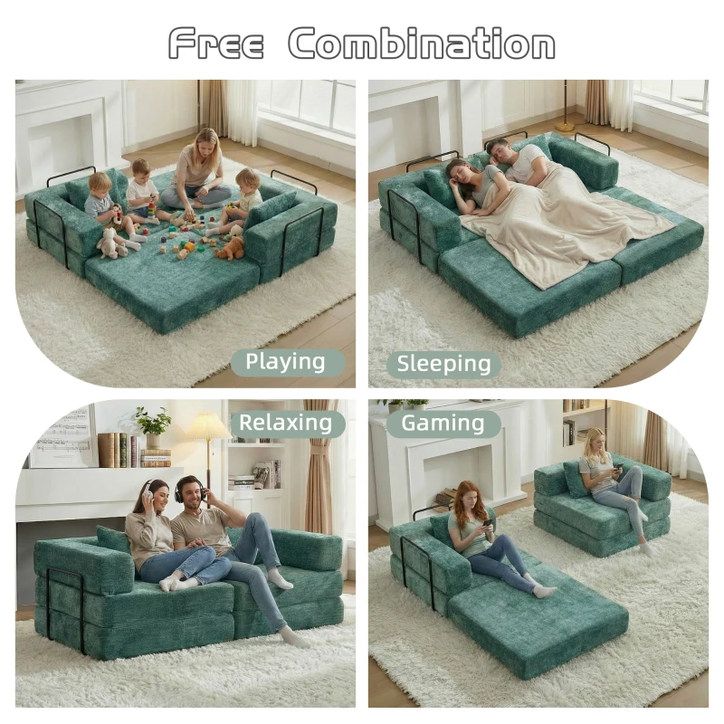 Wandelbares Bodenschlafsofa, modulares Design, Chenillebezug, ohne Montage, 200x100x63 cm, Dunkelgrün