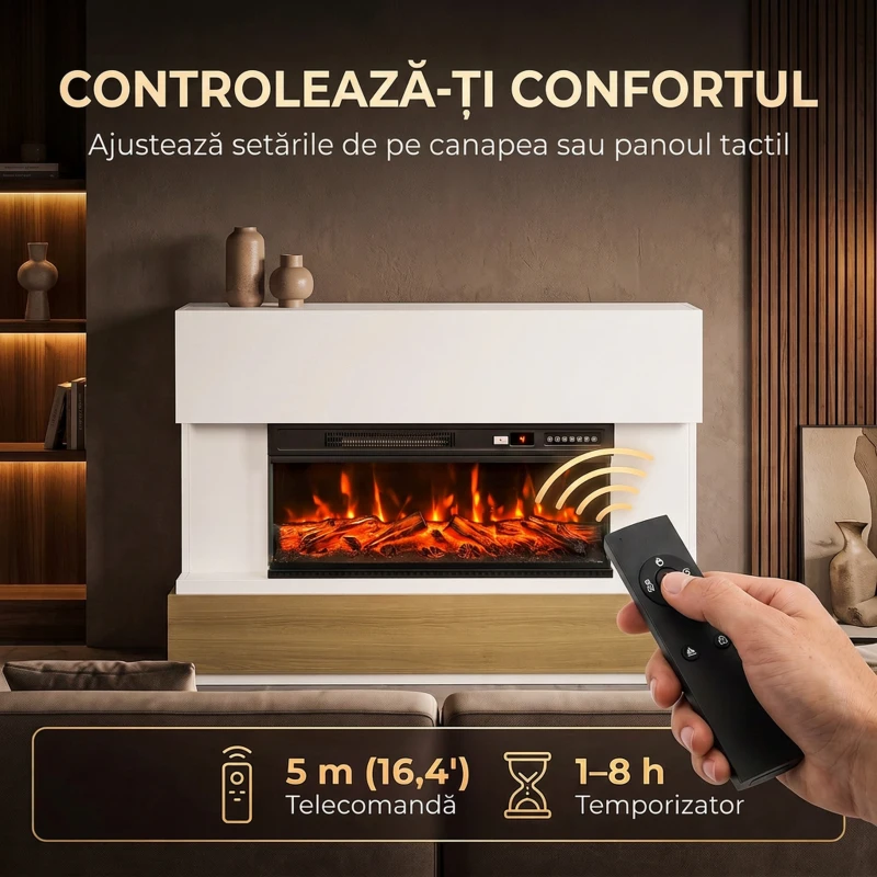 HOMCOM Șemineu Electric 117 cm cu 3 Laturi, pentru TV 55", 900/1800 W, 12 Culori Flacără 3D, Alb