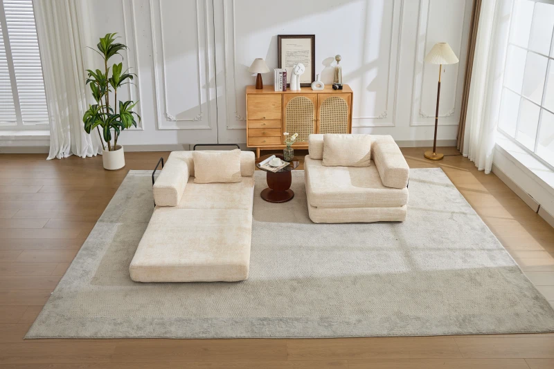 Wandelbares modulares Boden-Schlafsofa aus Chenille, klappbare Sofa- und Matratzenfunktion, 200x100x63 cm, Beige