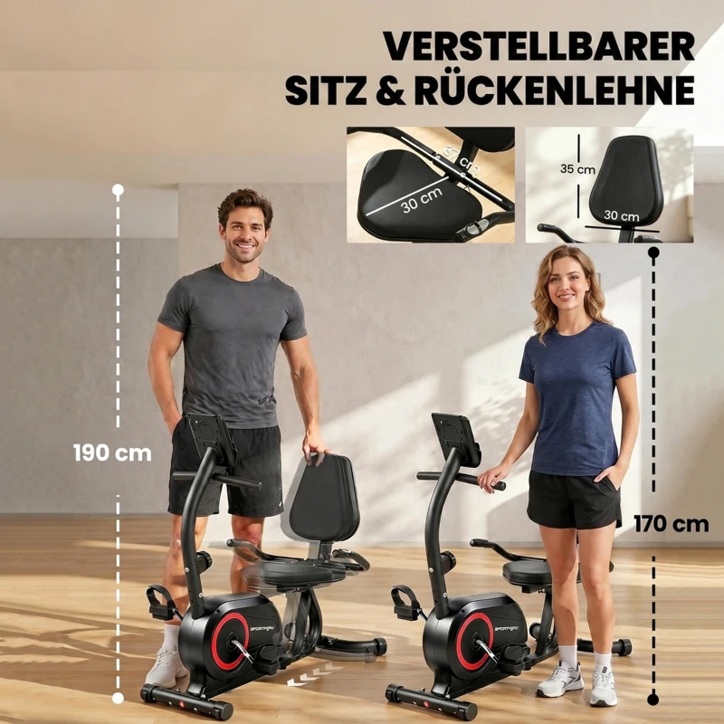 SPORTNOW Liegeergometer für Zuhause mit 8 verstellbar Widerstandsstufe Magnetbremse APP Pulssensor LCD-Display Fußriemen