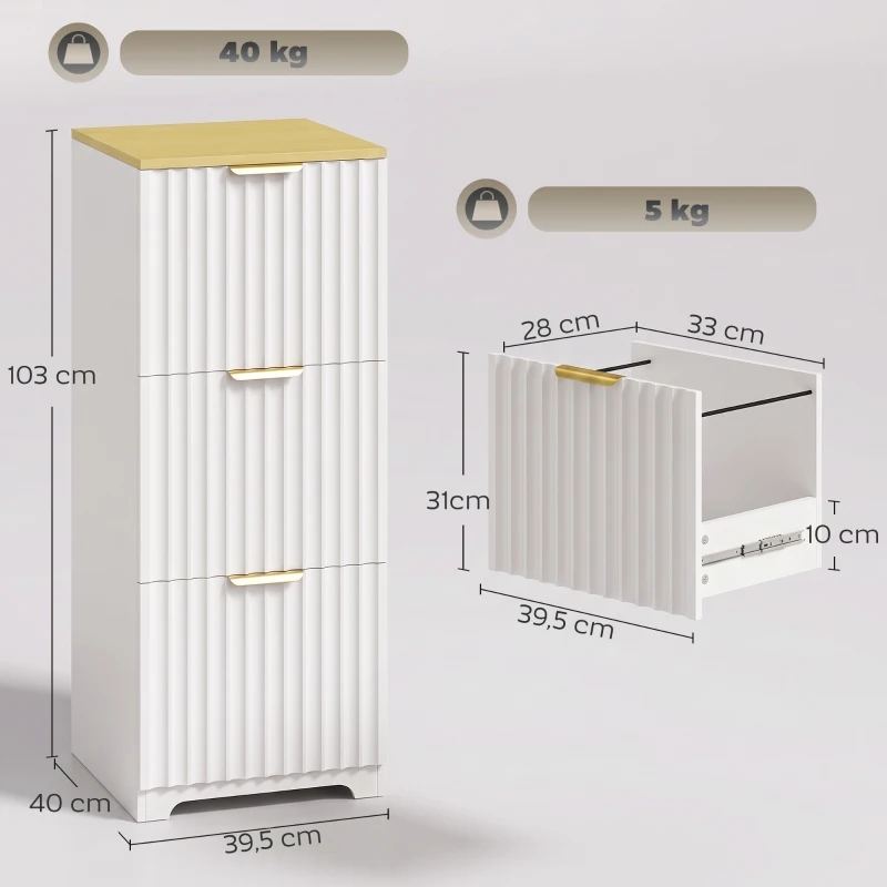 HOMCOM Arquivador Vertical com 3 Gavetas e Barras Ajustáveis para Pastas A4, Móvel de Escritório 39,5 x 40 x 103 cm, Branco
