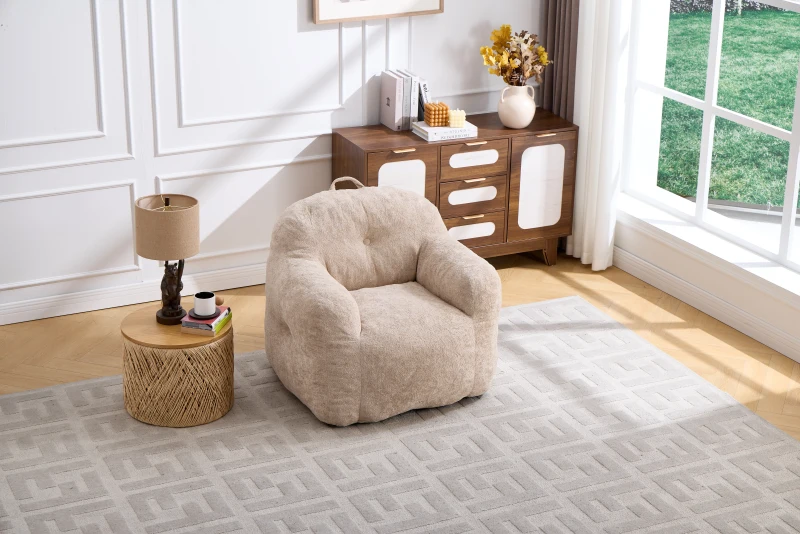 Sitzsack-Sofa mit Armlehnen, zerkleinerter Schaumstofffüllung und Kunstfellbezug für Wohn- und Schlafzimmer, Beige