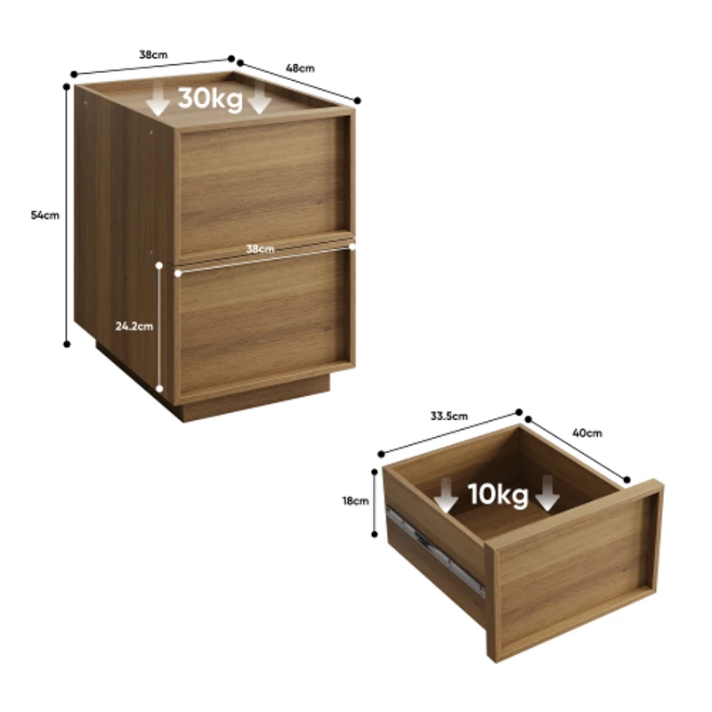 Nachttisch, minimalistisches Design, 2 grifflose Schubladen, 38x48x50 cm, Eiche
