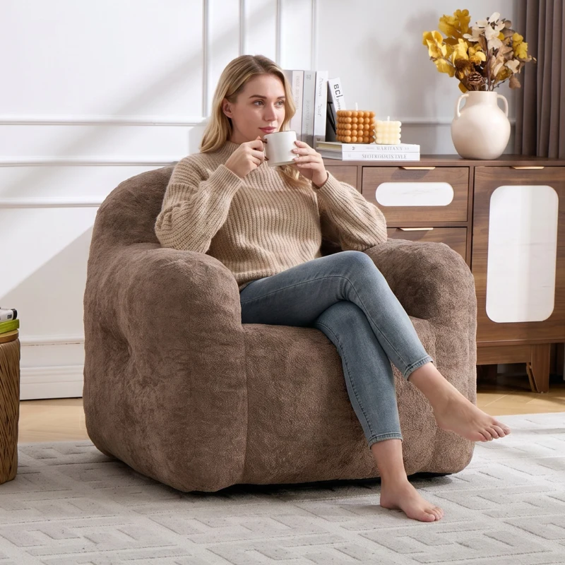 Sitzsack-Sessel mit Armlehnen, Kunstfellbezug, zerkleinerter Schaumstofffüllung, ergonomischer Rückenlehne, 95x95x79 cm, Khaki