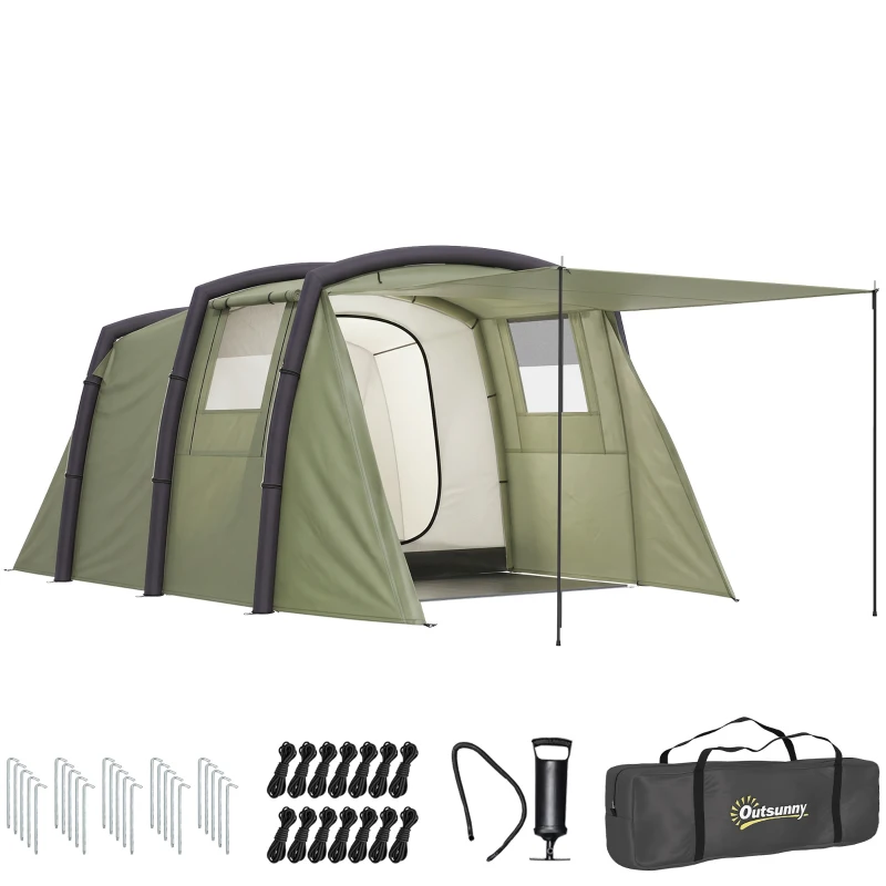 Outsunny Aufblasbares Campingzelt 3 Personen Outdoor Tunnelzelt mit Seitenfenstern Tür Luftträger 4,4 x 2,8 x 1,95 m Grün