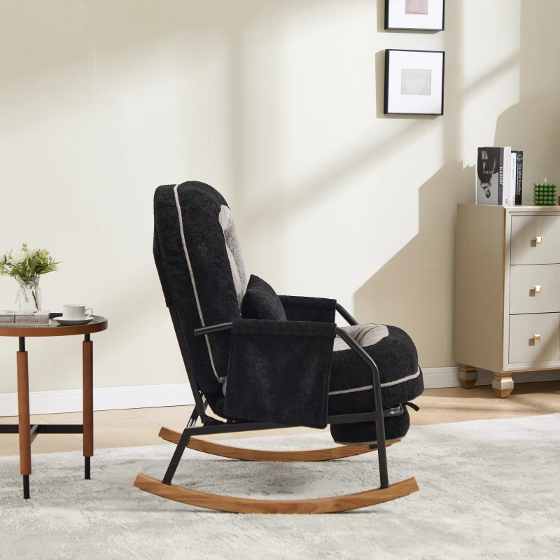 Fauteuil à bascule grand format, dossier réglable, repose-pieds escamotable, coussin rembourré, poches latérales, intérieur et extérieur, Noir+Gris