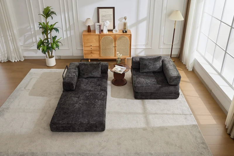 Schlafsofa, wandelbares Bodensofa, modular, Chenille, 200x100x63 cm, Schwarz