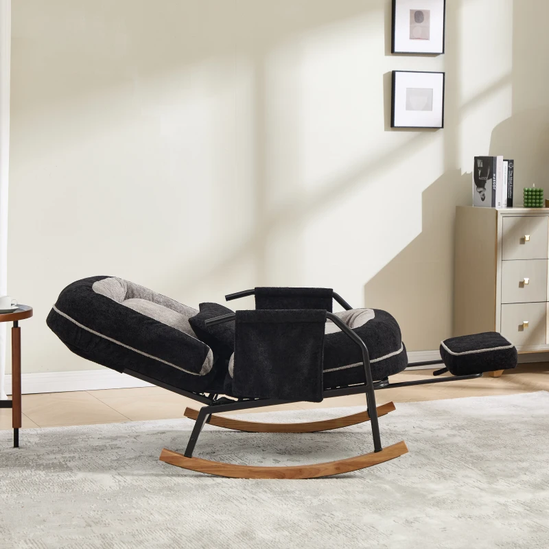 Fauteuil à bascule grand format, dossier réglable, repose-pieds escamotable, coussin rembourré, poches latérales, intérieur et extérieur, Noir+Gris