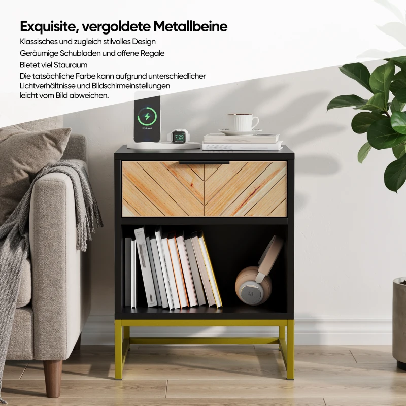 Nachttisch mit Schublade und offenem Fach, modernes Mid-Century-Design, MDF, 43x40x55 cm, Schwarz+Naturfarbe