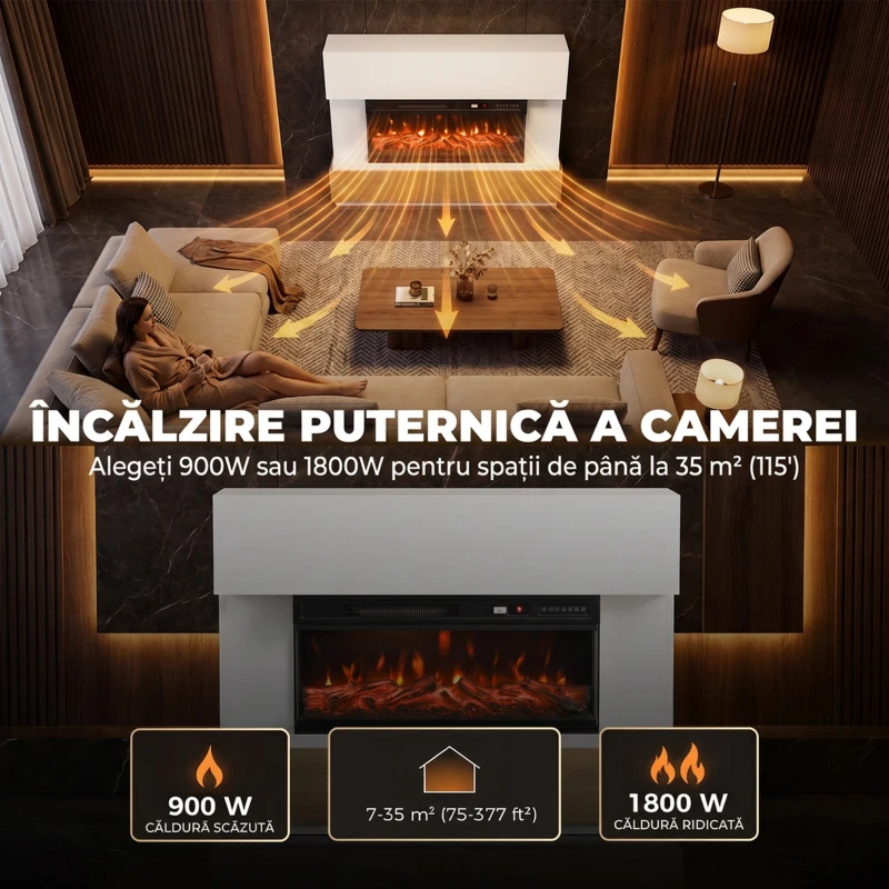 HOMCOM Șemineu Electric 117 cm cu 3 Laturi, pentru TV 55", 900/1800 W, 12 Culori Flacără 3D, Alb