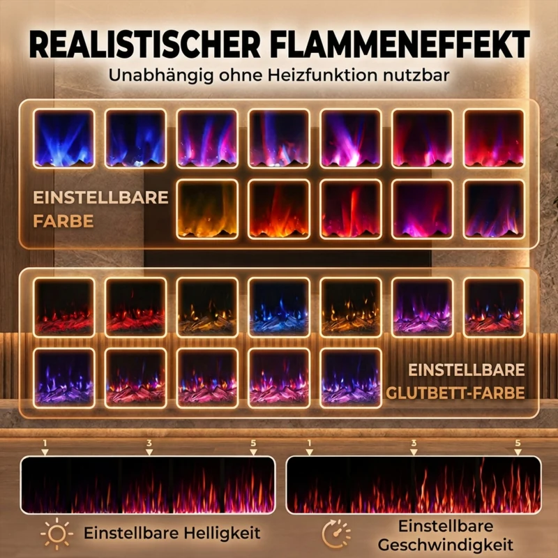 HOMCOM Elektrische haard met verwarming en 12 vlamkleuren, wandhaard met afstandsbediening, 127 cm