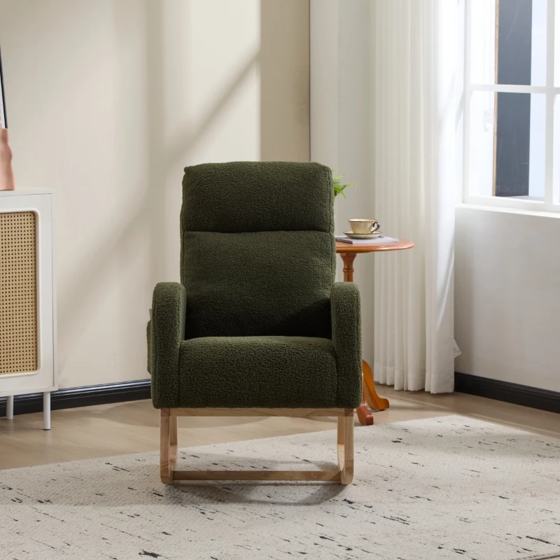 Fauteuil à bascule d’allaitement en tissu teddy, dossier haut ergonomique, base incurvée en bois et poche latérale, Vert