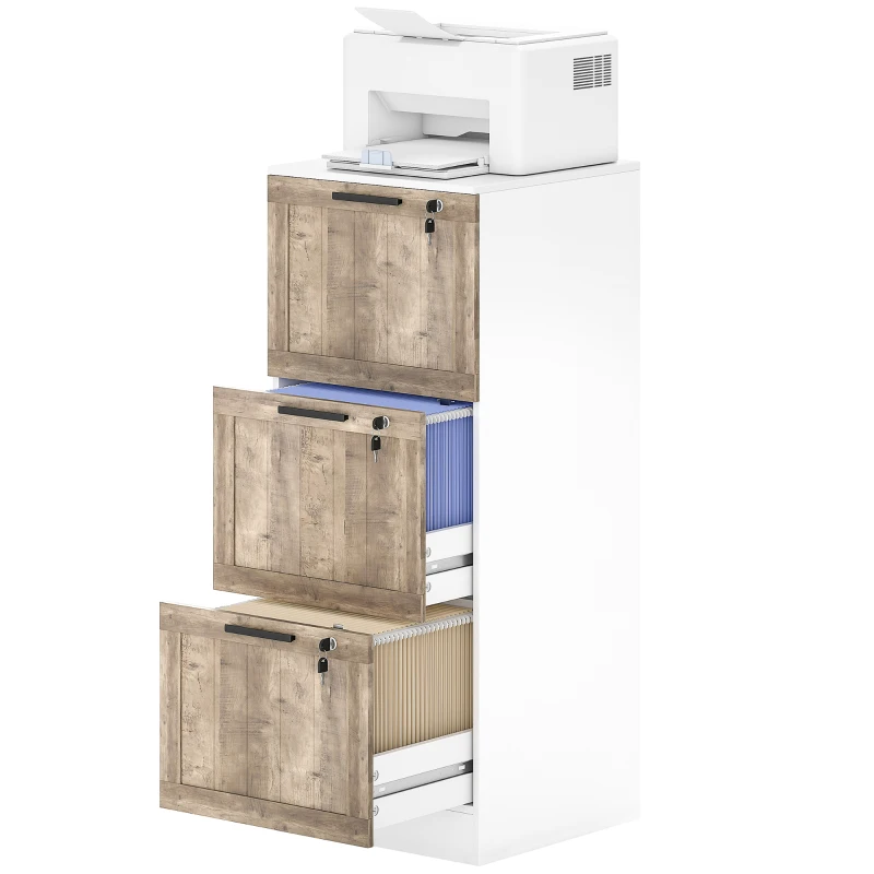 HOMCOM Cajonera de Escritorio con 3 Cajones Cerradura Llaves Barras Colgantes para A4 Carta 39,4x40x98,7 cm Blanco y Madera