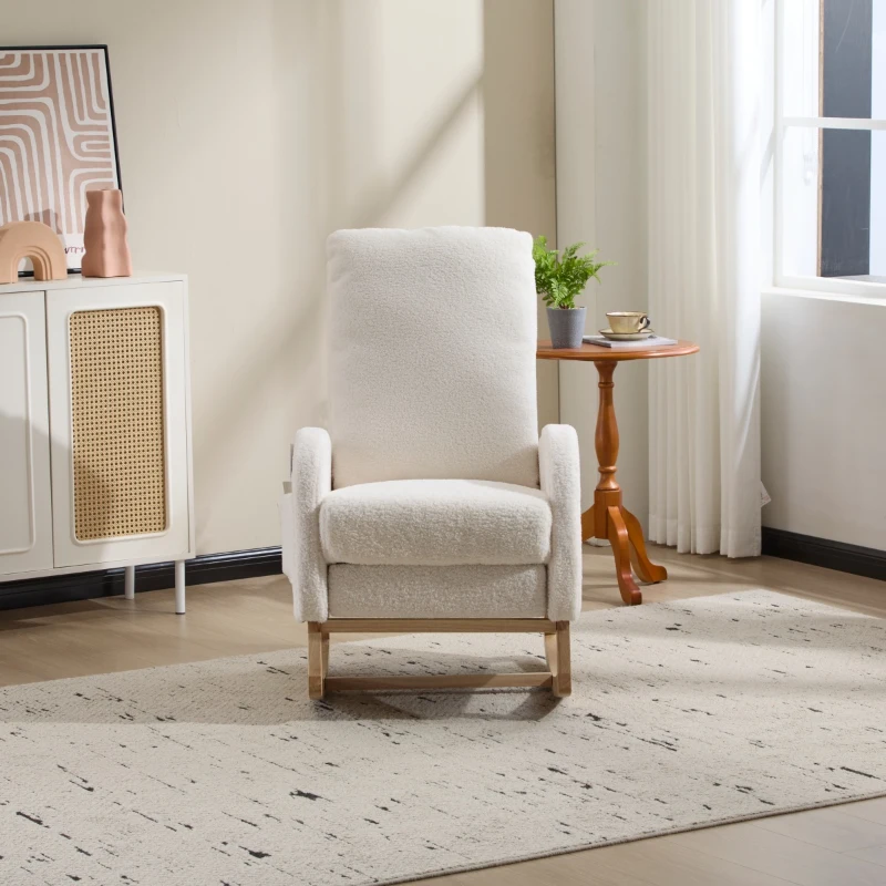 Fauteuil à bascule d’allaitement, dossier haut, tissu teddy, poche latérale, repose-pieds, base en bois courbé, Blanc
