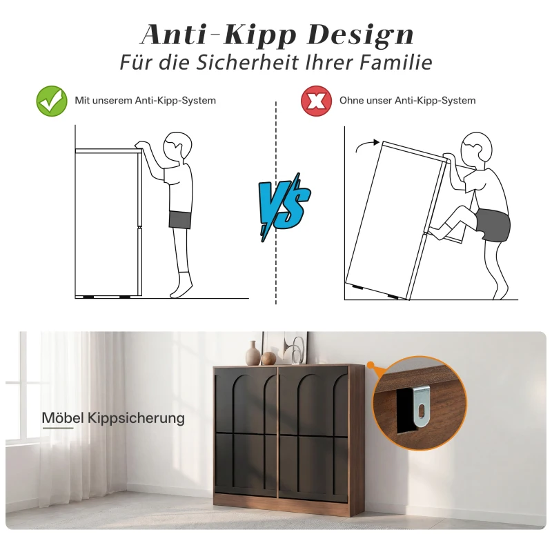 Schuhschrank mit 4 Klappen, schmal, modernes Skandi-Design, verstellbare Trennwände, Schwarz