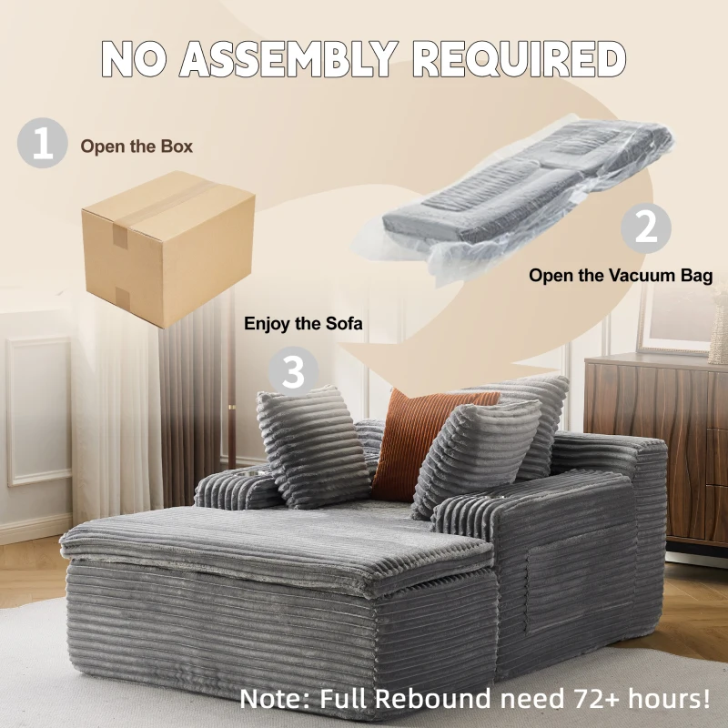 Rahmenloses Schlafsofa mit Longchair, hochdichtem Schaumstoff, 2-in-1-Kissen und Getränkehaltern, 165x112x63 cm, Grau