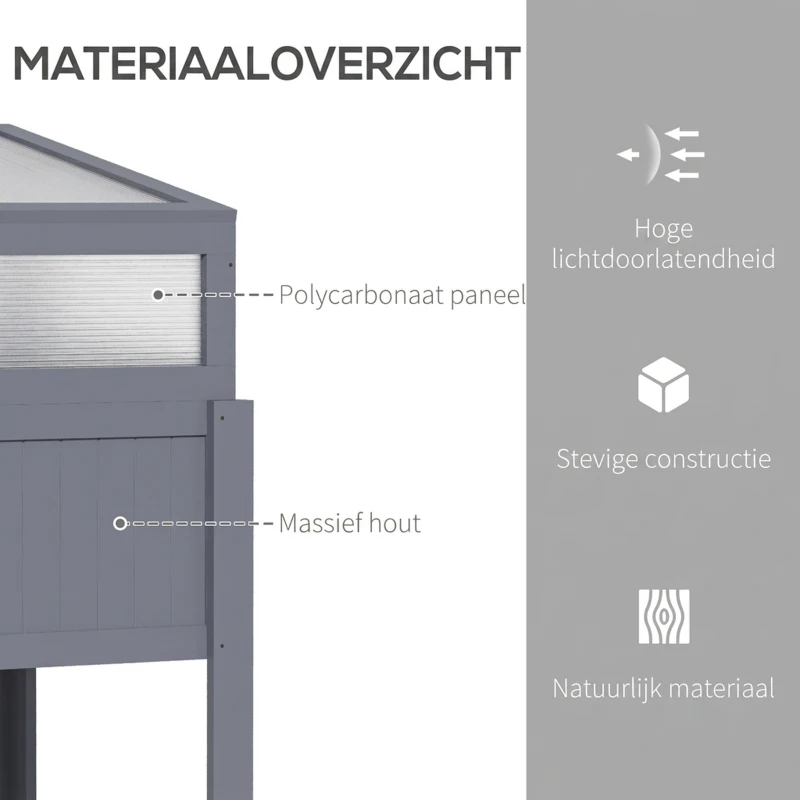 Outsunny Verhoogd Bed Hout met Koud Frame 2-in-1 Kas Tomatenhuis Groentebed Kruidenbed Plantenbak voor Tuin Balkon en Terras Polycarbonaat Grijs 120 x 54 x 112/122 cm