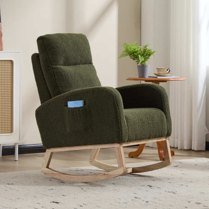 Fauteuil à bascule d’allaitement en tissu teddy, dossier haut ergonomique, base incurvée en bois et poche latérale, Vert
